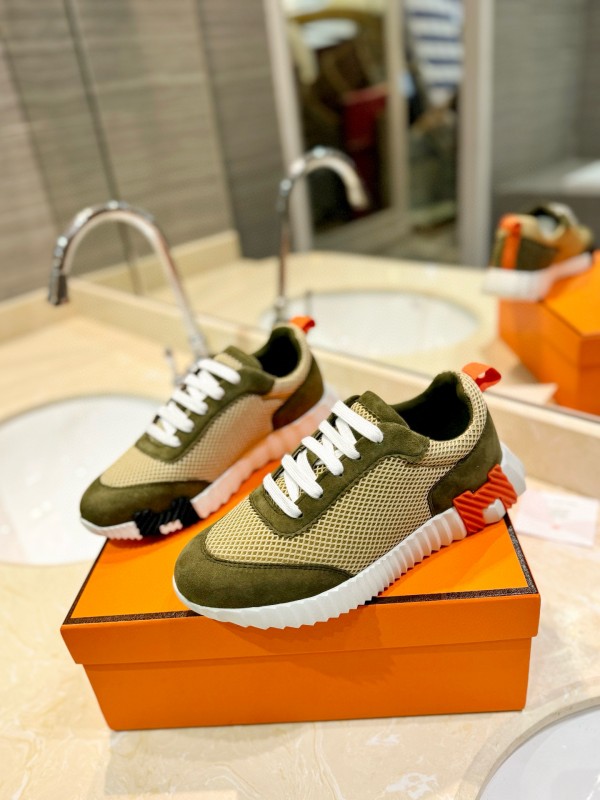 2024 Unisex Hermès Khaki Beige Suede Mesh Sneakers MJ00320