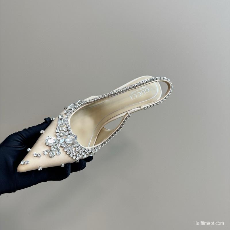 2025 Women Gucci Beige Silk Crystal Embellished Slingback Heels MJ00340