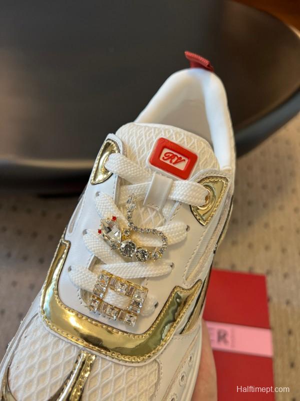 2025 Women Roger Vivier White Gold Leather Mesh Sneakers KFY00380