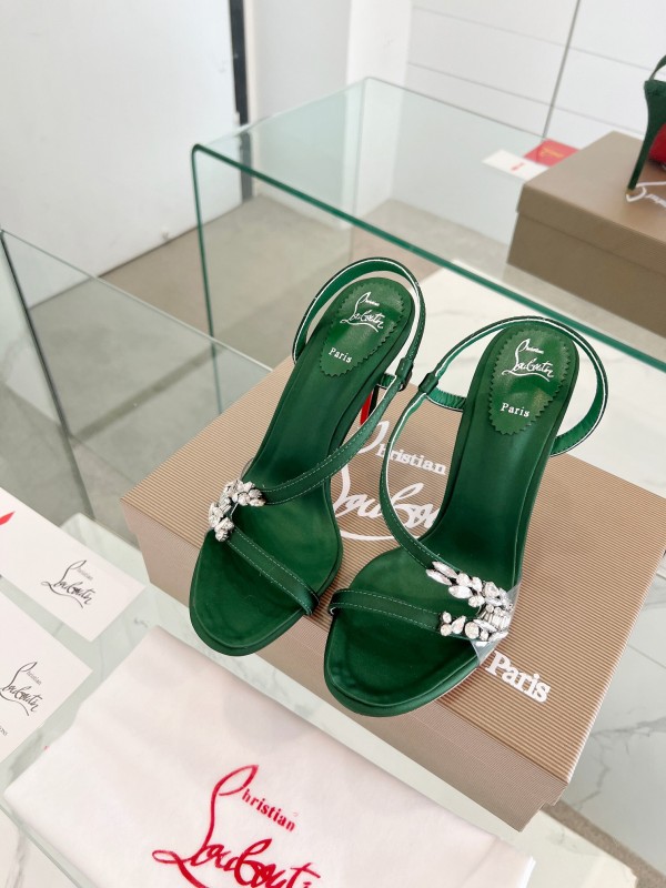 2025 Women Christian Louboutin Green Silk High Heel Crystal Sandal LY00300
