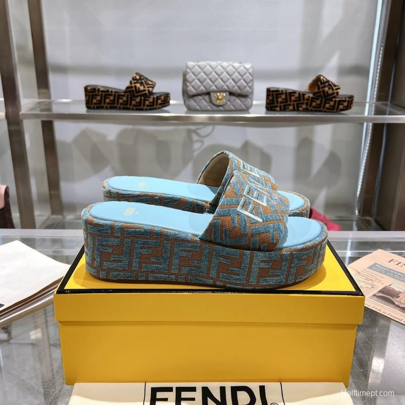 2025 Slippers Fendi Blue Brown Canvas FF Jacquard Platform FJ00321