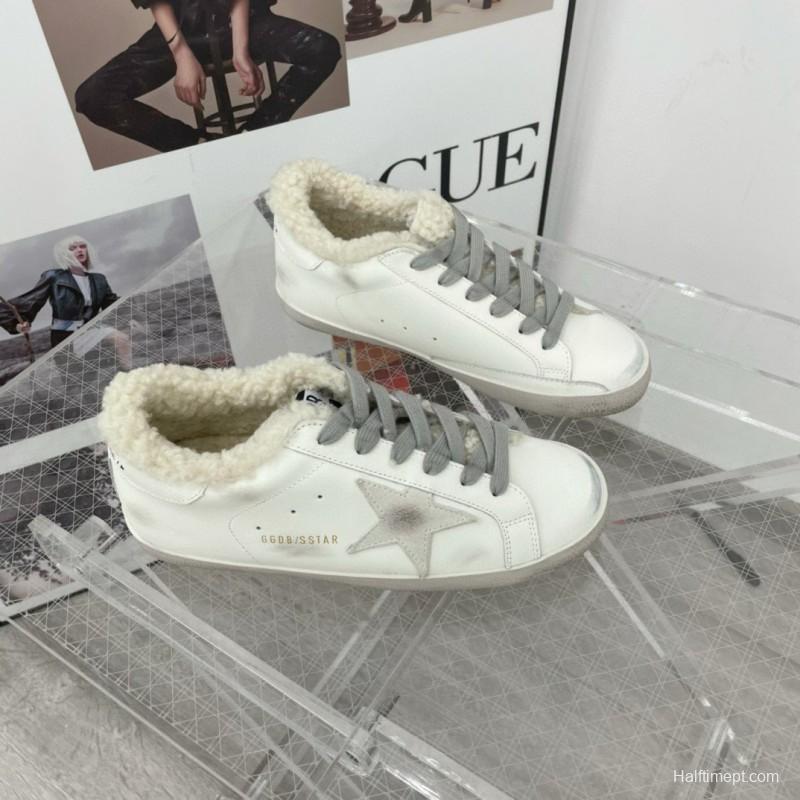 2025 Women GGDB White Grey Leather Shearling Sneakers