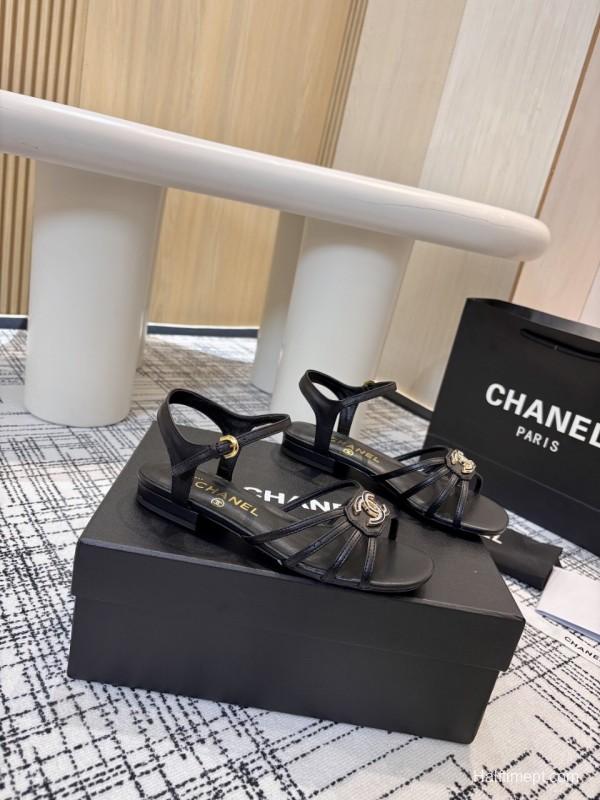 2025 Women Chanel Black Leather Sandals LY00270