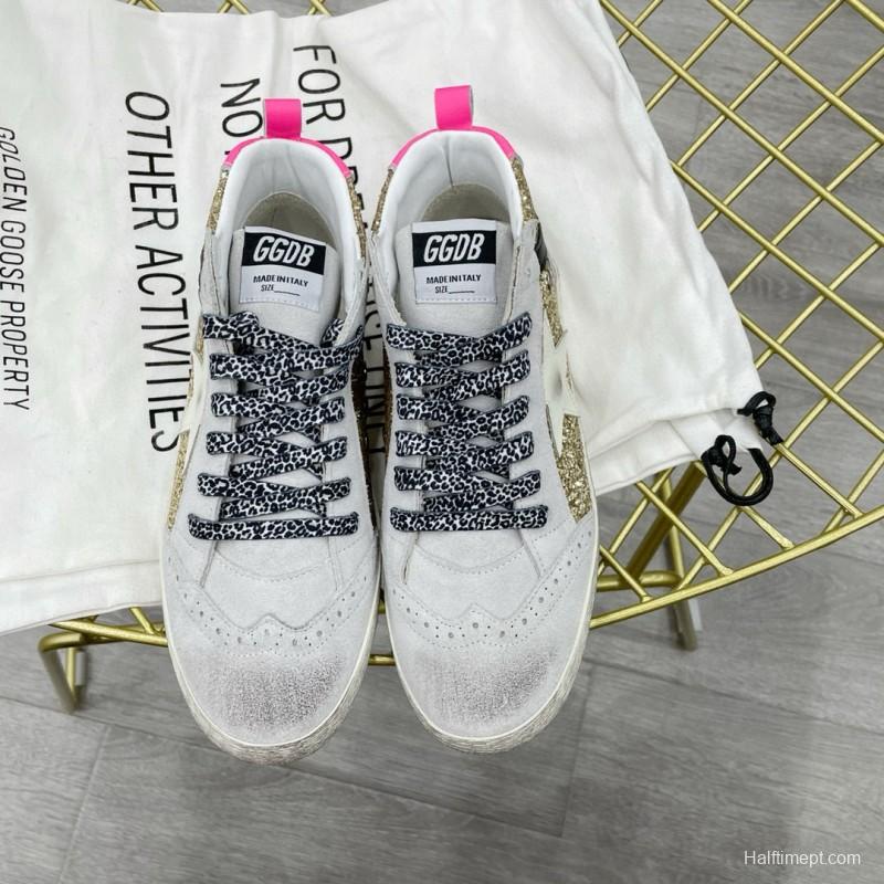2024 Women GGDB Gold White Leather Glitter High Top Sneakers MJ015AM