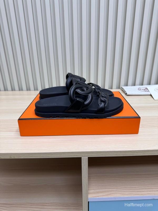2025 Slippers Hermès Black Leather Slippers
