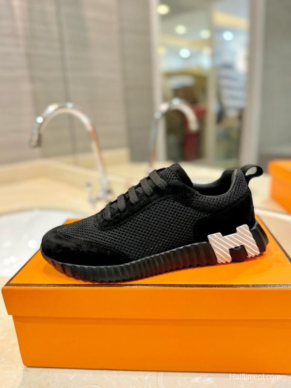 2024 Unisex Hermès black mesh suede sneakers