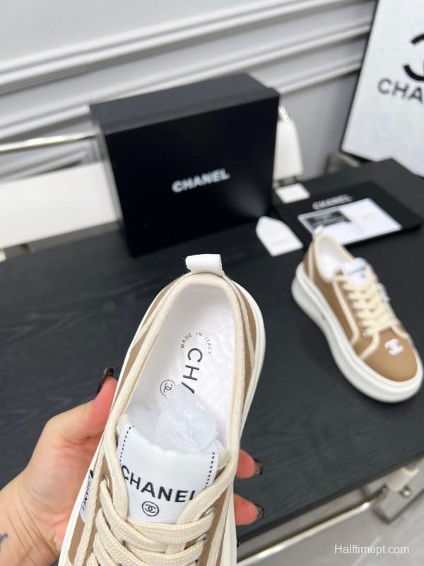2025 Women Chanel Beige Canvas Leather Sneakers Collaboration LY00250