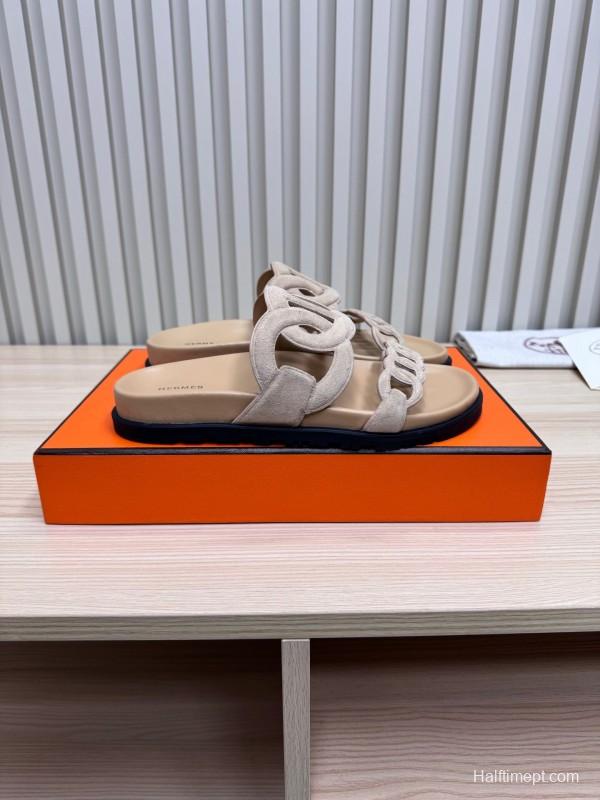 2025 Women Hermès Beige Suede Slippers