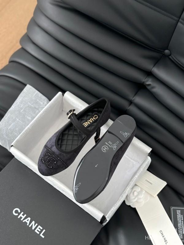 2025 Women Chanel Black Velvet Mary Jane Embroidered LY00280