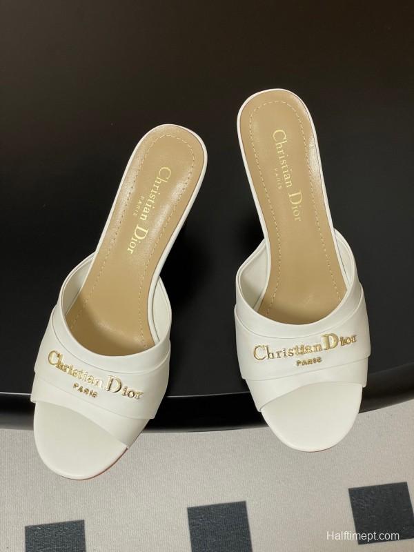 2025 Women Dior White Leather Mule Gold Hardware Slide