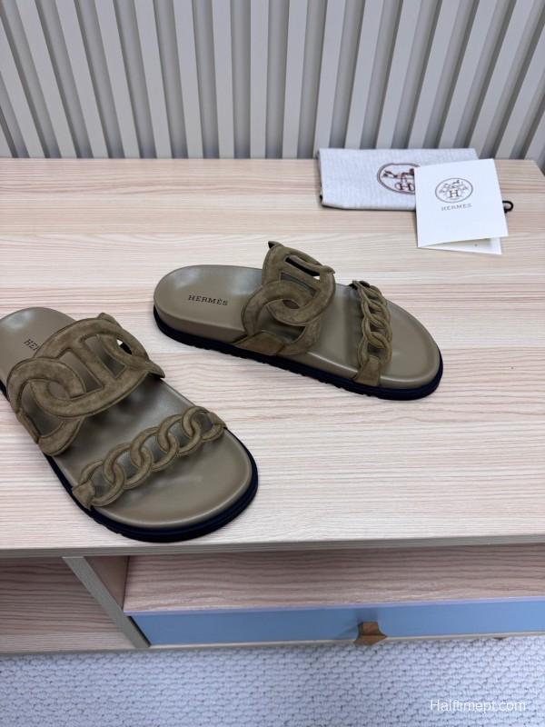 2025 Women Hermès Khaki Suede Slippers