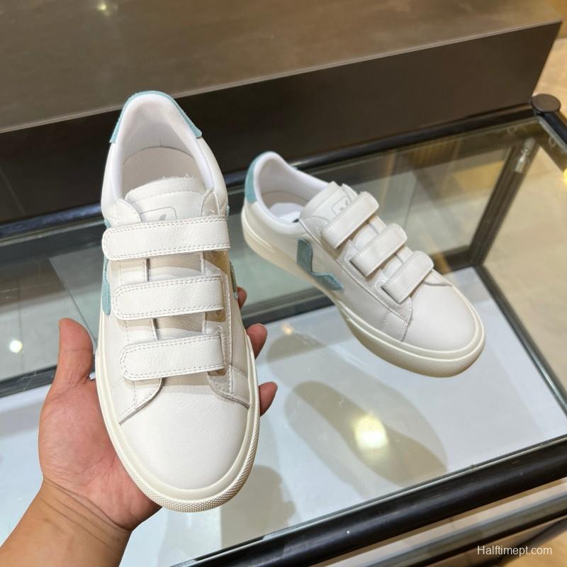 2025 Women VEJA White Blue Leather Canvas Vulcanized Sneakers MJ00240