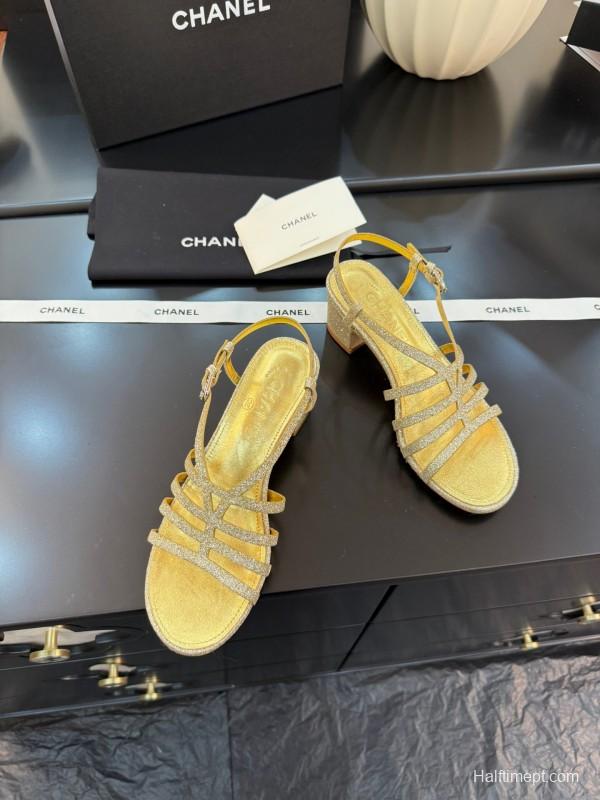 2025 Women Chanel Gold Fabric Sandals KFY00289