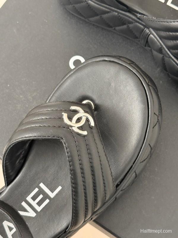 2025 Women Chanel Black Leather Sandals Platform