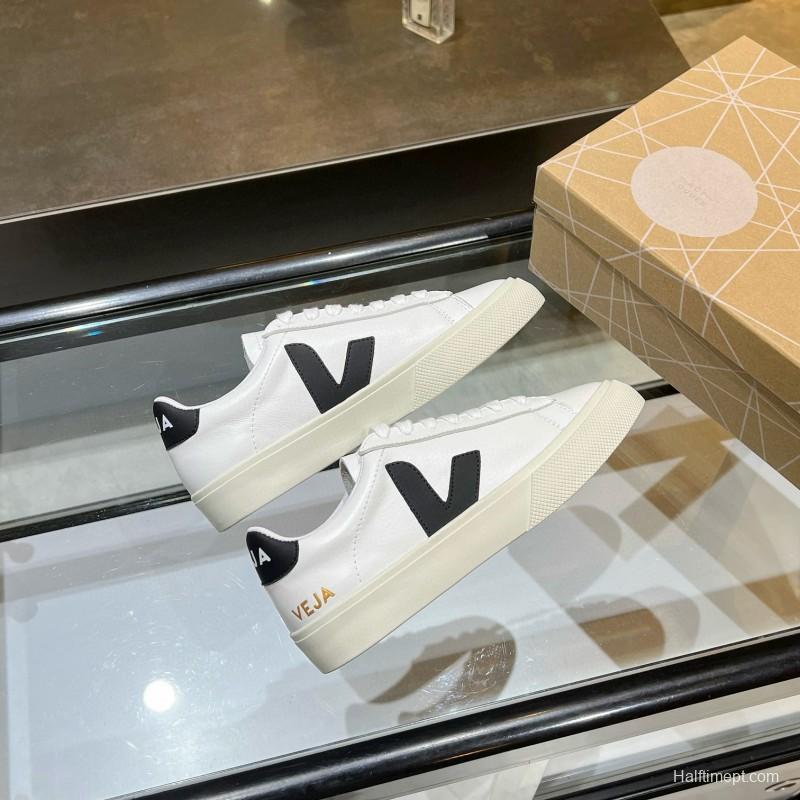 2025 Unisex VEJA White Black Leather Canvas Low Top Vulcanized Sneakers MJ00240