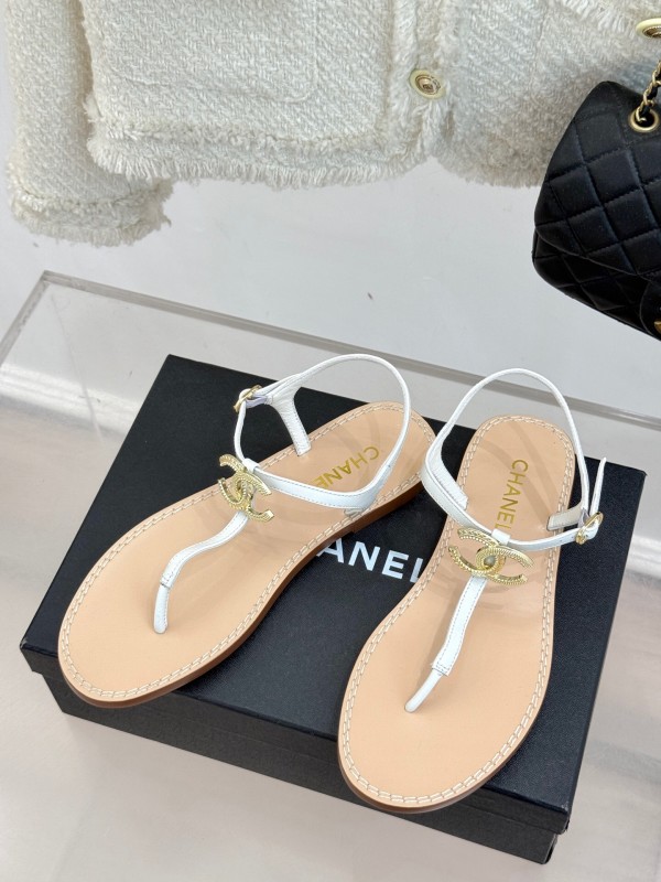2025 Women Chanel White Leather Sandals KFY00290