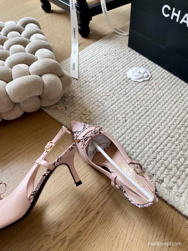 2025 Women Chanel Pink Python Leather Bow High Heels KFY00320