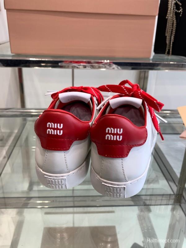 2025 Women Miu Miu White Red Leather Sneakers LY00290