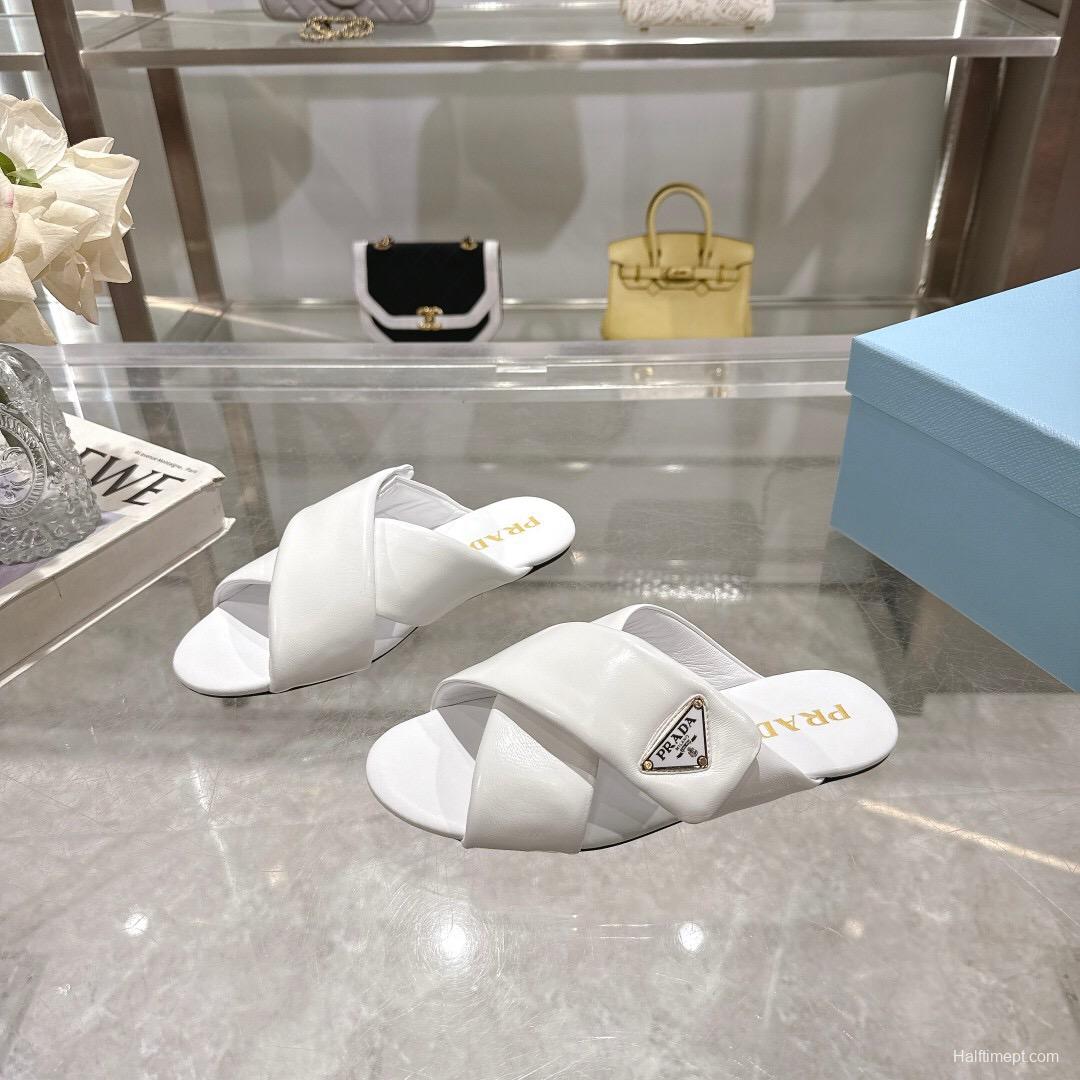 2025 Women Prada White Leather Slippers