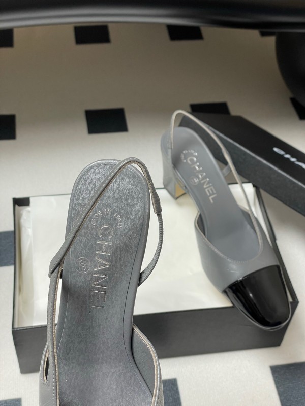 2025 Women Chanel Grey Black Leather Sling-back Heel