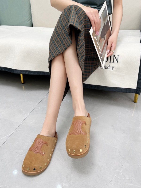 2025 Slippers Celine Brown Suede Leather Slippers LY00240