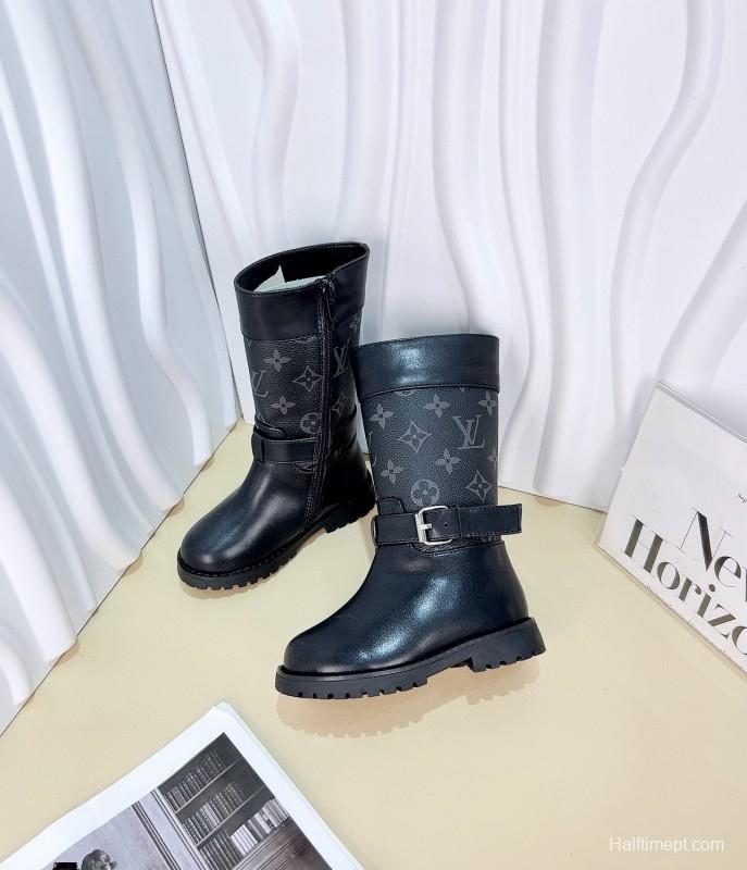 2024 Kids Louis Vuitton Black Brown Leather Boots