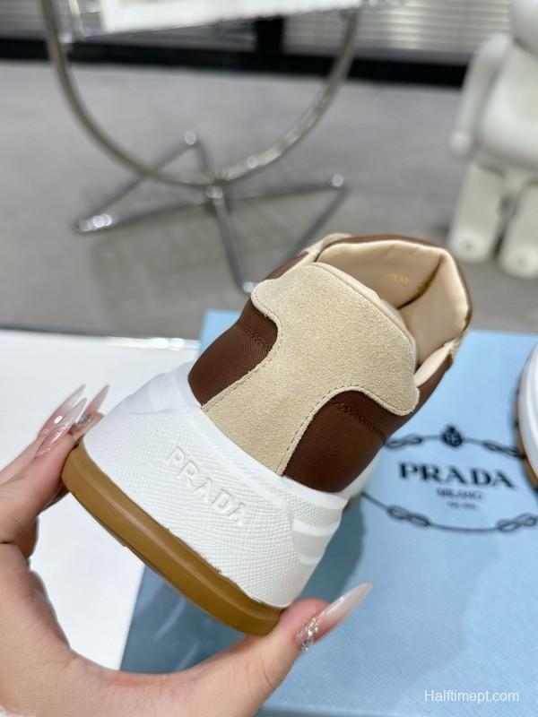 2025 Women Prada Beige Brown Leather Sneakers KFY00310