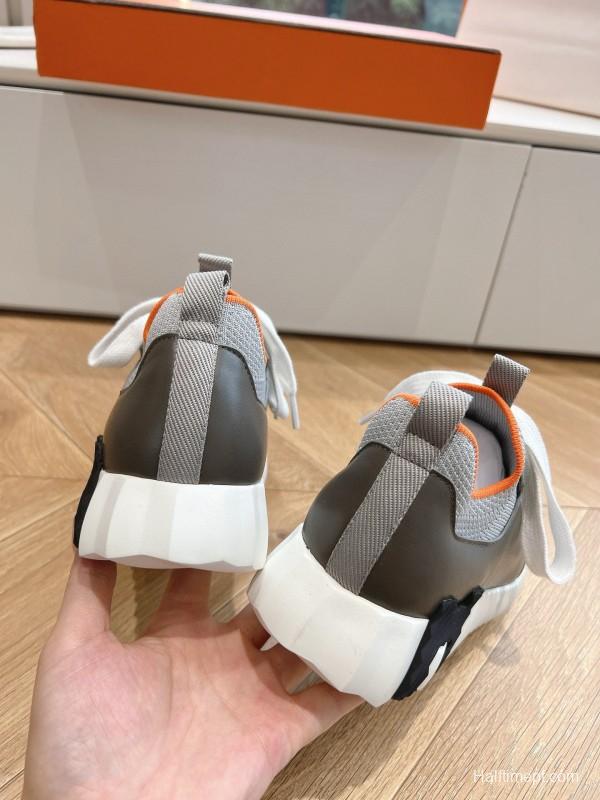 2024 Unisex Hermès Beige Grey Orange Black Leather Suede Knit Sneakers MJ00290