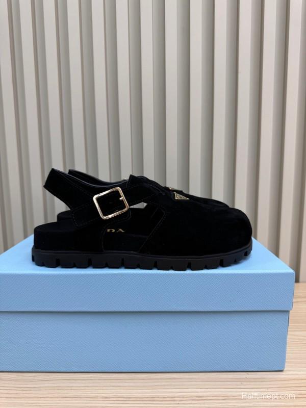 2025 Women Prada Black Suede Sandals LY00280