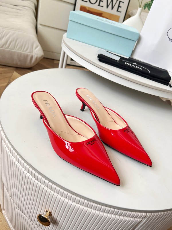 2025 Women Prada Red Patent Leather High Heel Mules LY