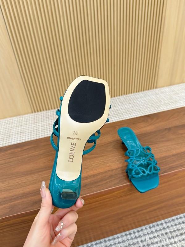 2025 Women Loewe Turquoise Leather Heeled Sandals LY00250