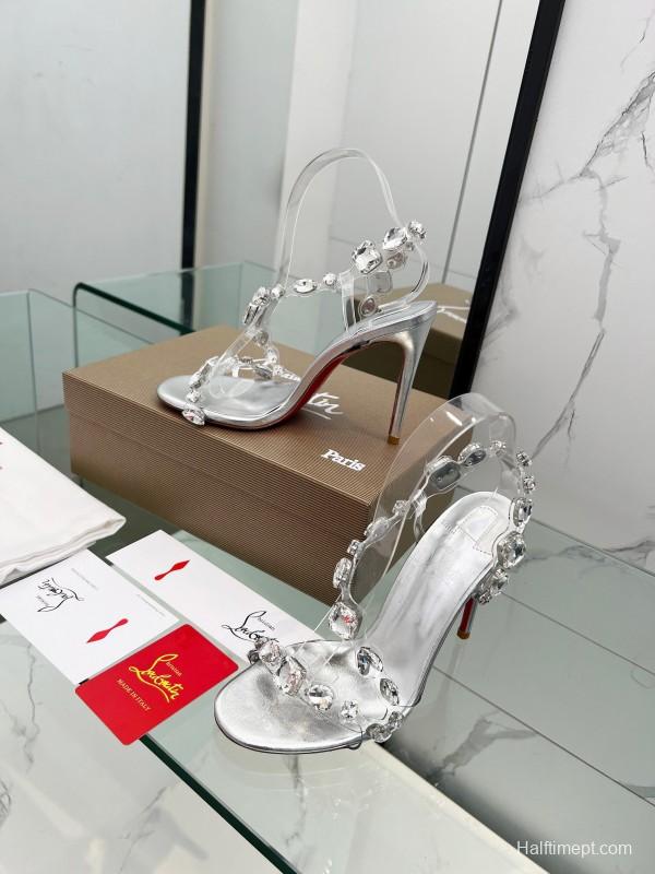 2025 Women Christian Louboutin Silver PVC Crystal High Heel Sandals LY00300