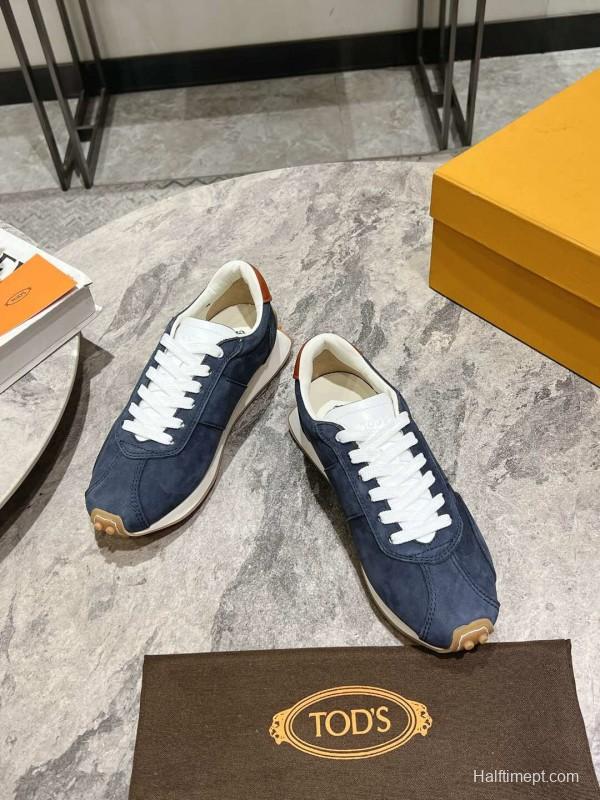 2025 Women TOD'S Navy Blue Brown Suede Leather Sneakers KFY00350