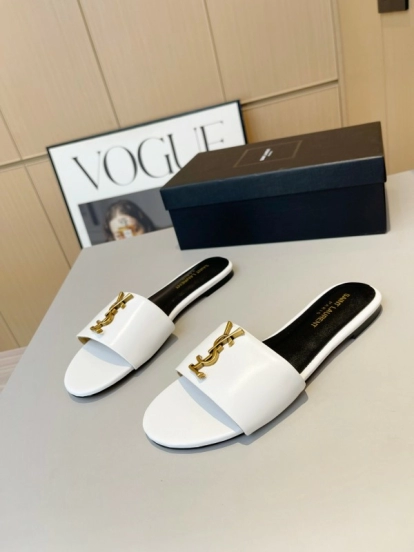 2025 Women Yves Saint Laurent White Leather Slippers LY00180