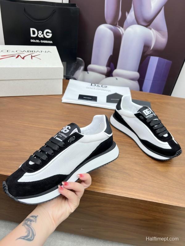 2025 Unisex Dolce & Gabbana Black White Mesh Suede Sneakers LY00300