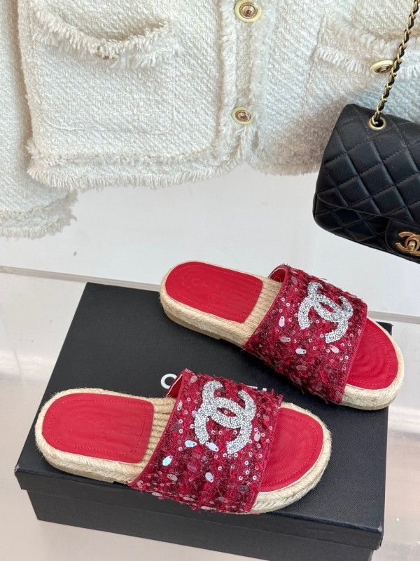 2025 Women Chanel Red Sequin Espadrille Slides Classic Craftsmanship KFY00240(F)