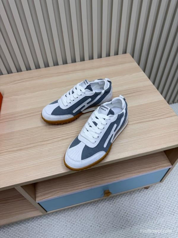 2025 Unisex Hermès White Grey Suede Canvas Sneakers KFY00300