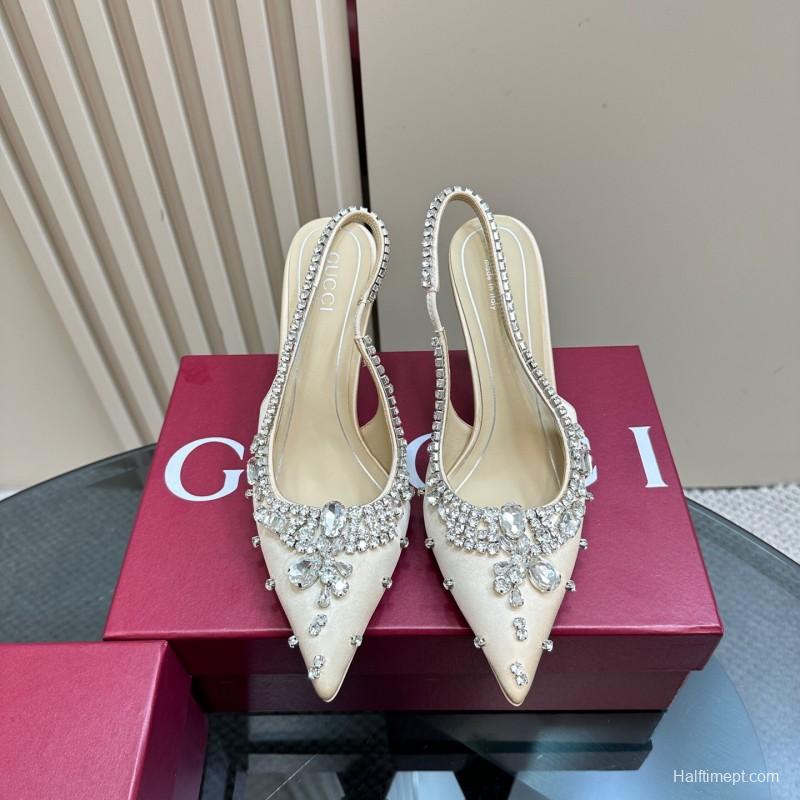2025 Women Gucci Beige Silk Crystal Embellished Slingback Heels KFY00340