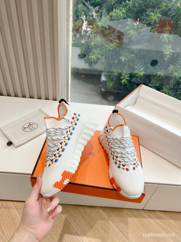 2024 Unisex Hermès White Blue Yellow Orange Calfskin Suede Sneakers MJ00290