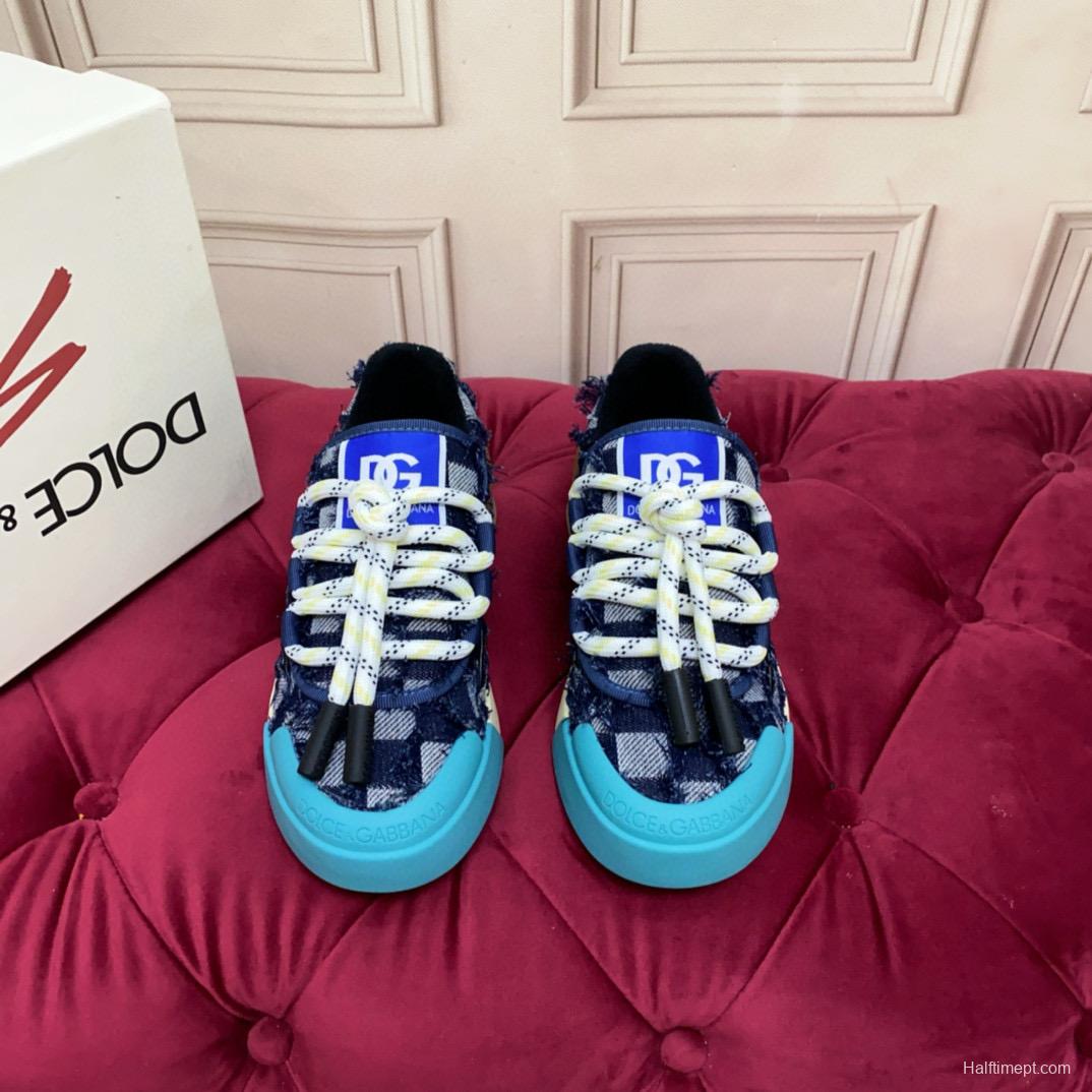 2024 Unisex Dolce & Gabbana Blue Black Canvas Leather Sneakers