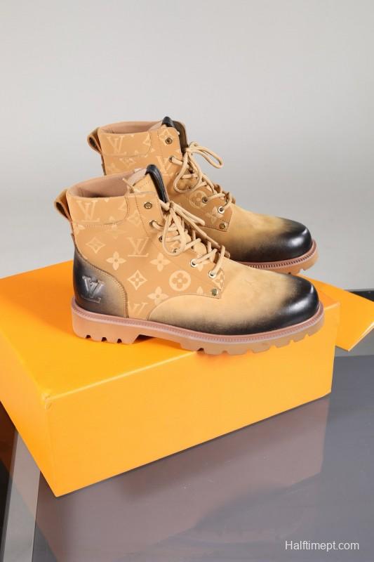 2024 Men Louis Vuitton Beige Black Leather Canvas Boots MJ00470