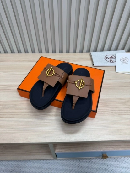 2025 Slippers Hermès Brown Black Leather Slippers