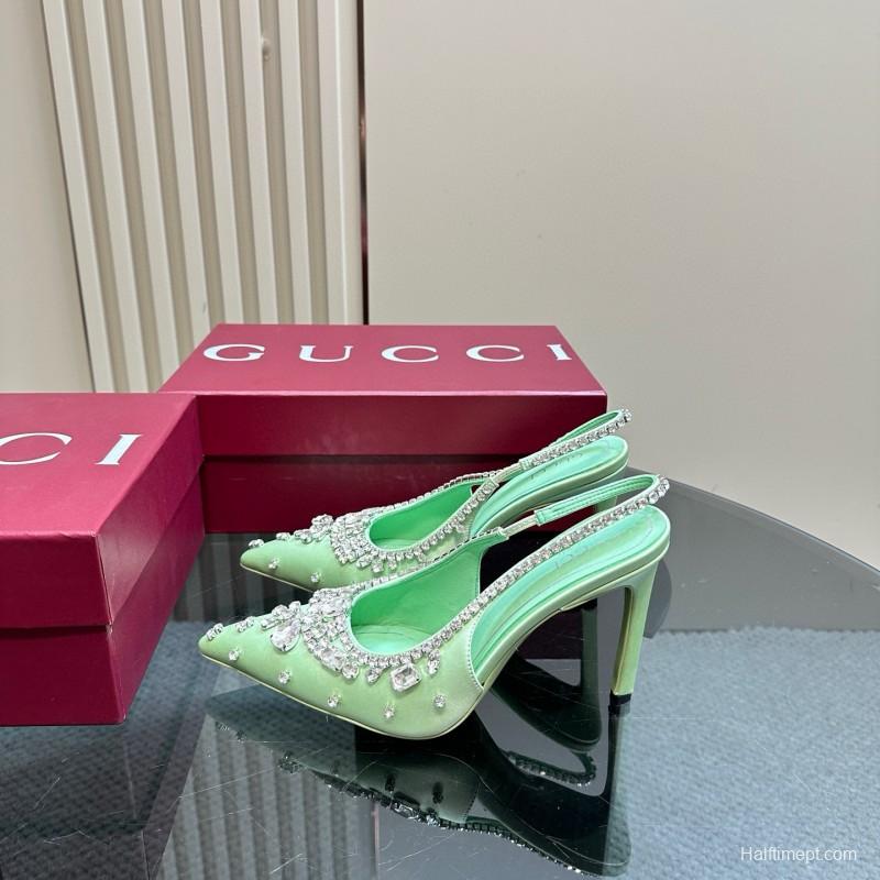 2025 Women Gucci Light Green Satin High Heel Slingback Rhinestone MJ00340
