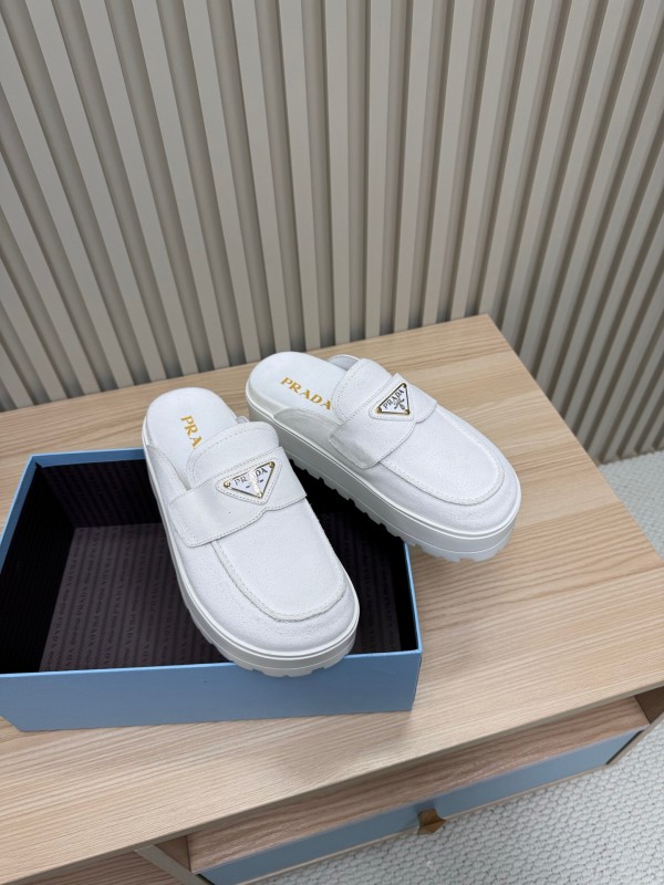 2025 Women Prada White Canvas Platform Loafers