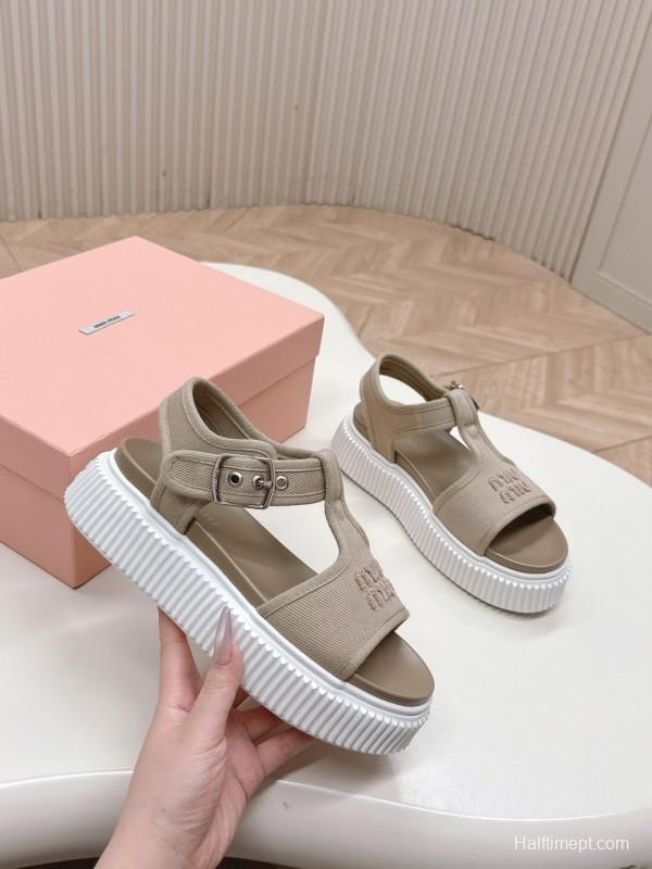 2025 Women Miu Miu Beige Canvas Sandals Buckle LY00360