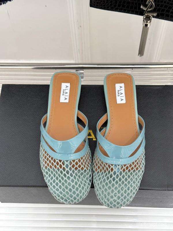 2025 Women AlAIA Light Blue White Leather Mesh Flat Slippers