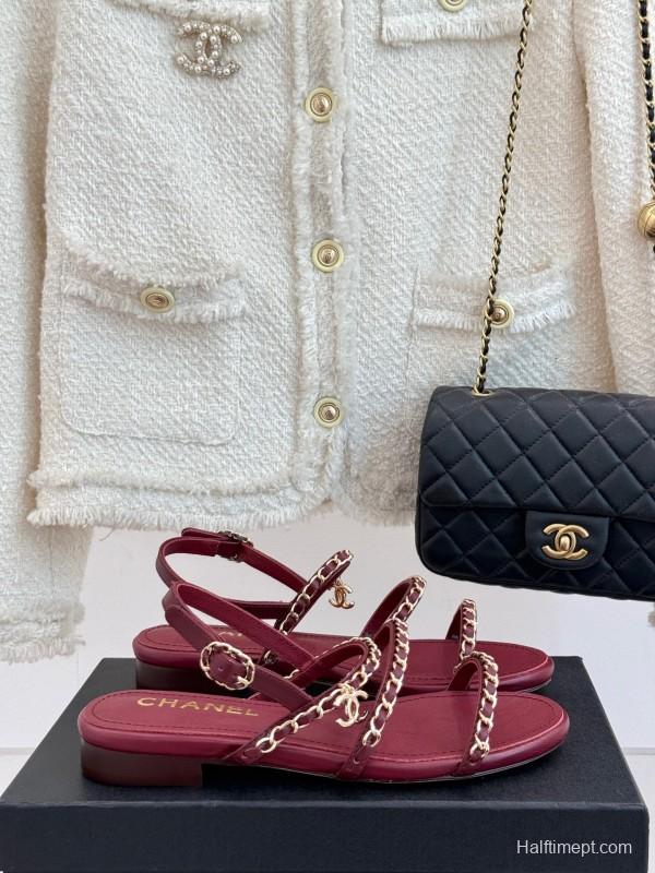 2025 Women Chanel Red Lambskin Chain Strap Sandals