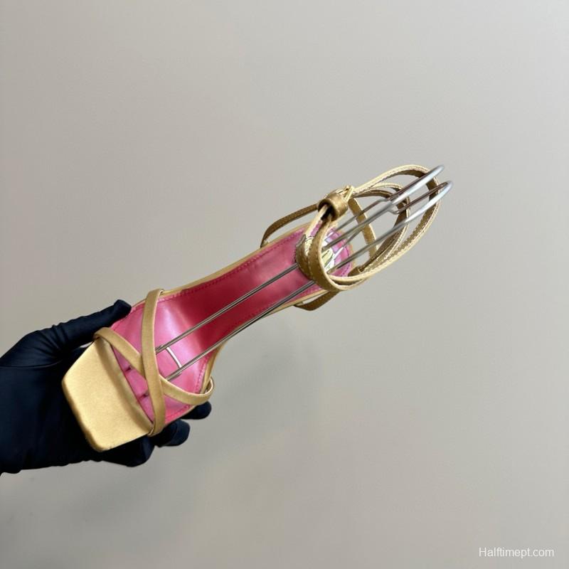 2025 Women Yves Saint Laurent Yellow Silk Strappy Heels