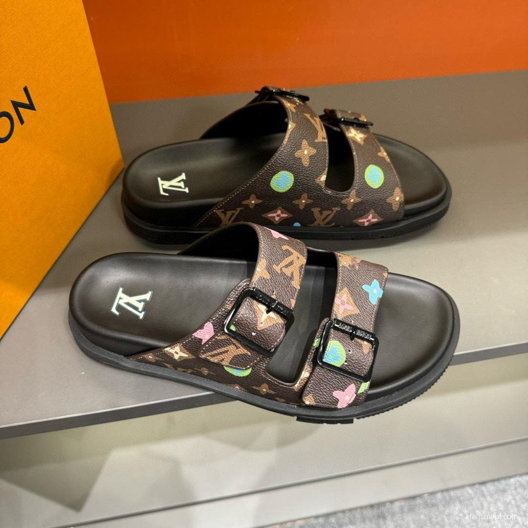 2024 Men Louis Vuitton Brown Black Rubber Leather Sandals Oblique MJ00210