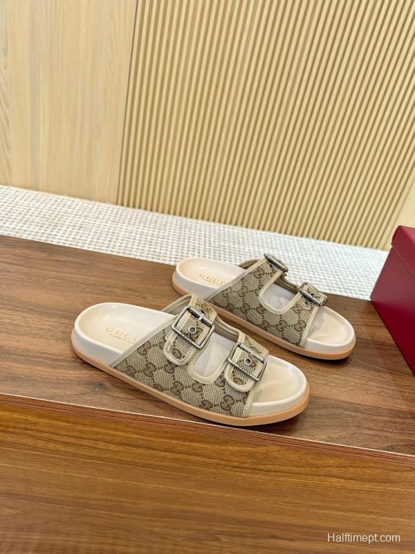 2025 Women Gucci Beige Canvas Leather Slippers LY00360